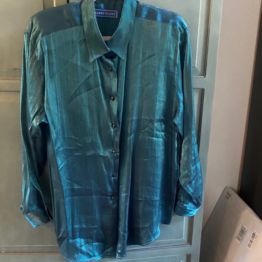 Karen Scott Shimmering Teal Blouse